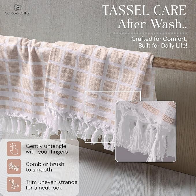 Matrix Dobby Kitchen Towels 4 Pack 100% Cotton, 16"x26", Handmade Knotted Tassel Dish Towels, Reusable & Washable Cloths for Drying, Absorbent Tea Towel for Cleaning - Beige, White