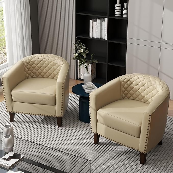 UIXE Faux Leather Barrel Accent Chairs Set of 6, Modern Club Upholstered Arm Chair, Comfy Armchair Nailed Trim Living Room Single Sofa Reading Seat Bedroom Side Sitting for Office, Beige