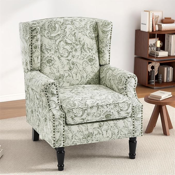 High Back Accent Chair, Fabric Upholstered Armchair for Living Room, Floral Printed Wingback Arm Chair with Solid Wood Legs, Retro Nailhead Trim Single Sofa Bedroom Reading Seat - Rococo Green