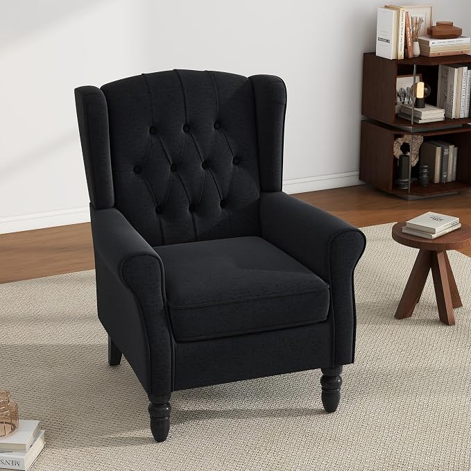 High Back Accent Chair, Fabric Wingback Chair Upholstered Armchair for Living Room, Comfy Single Sofa Bedroom Reading Seat with Retro Solid Wood Legs - Black Blue