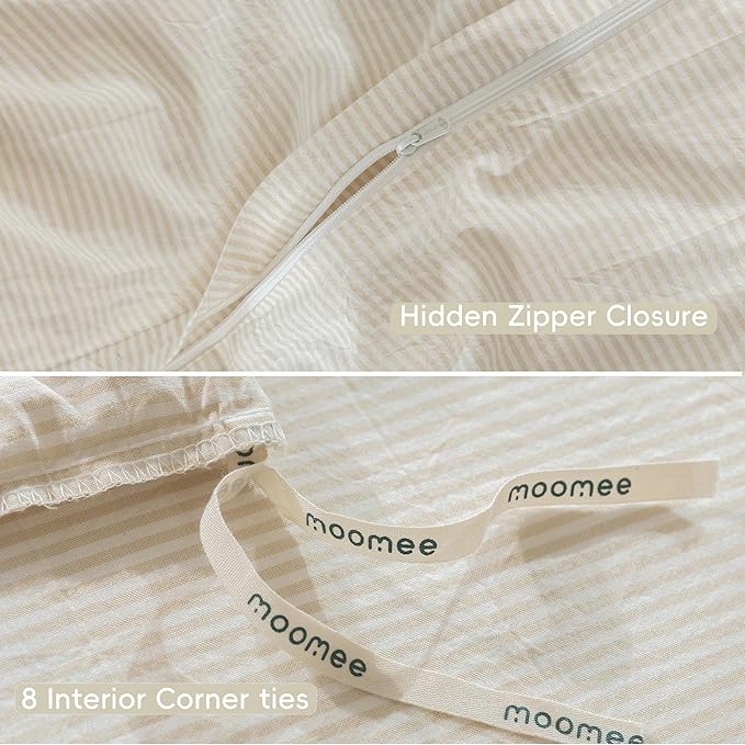 MooMee Striped Duvet Cover Set 100% Washed Cotton Linen Like Textured Breathable Durable Soft Comfy (Almond Milk Grey Pinstripes, Alaska King 132"x120")
