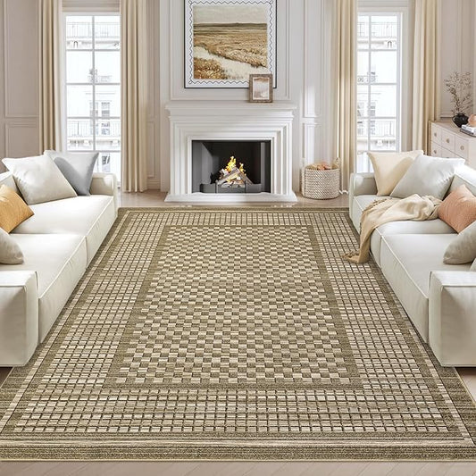 Washable Rugs 9 x 12 Rug for Living Room Modern Bedroom Rug Contemporary Large Area Rug Non Slip Throw Rugs Checkered Farmhosue Stain Resistant Carpet for Office Dining Room 9'x12' Brown