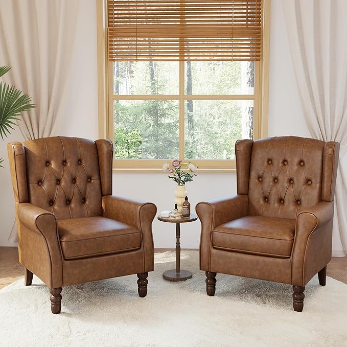 Faux Leather Accent Chairs Set of 2, High Back Upholstered Chair with Button Tufted, Mid-Century Modern Comfy Wingback Chair Reading Armchair for Living Room for Bedroom, Office-P Brown