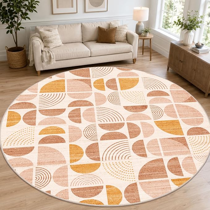 MUJOO Round Rugs 9ft,Circle Area Rug Washable,Circular Rugs for Living Room Dining Room,Large Boho Non Slip Throw Floor Carpet Modern Abstract Bohemian Orange