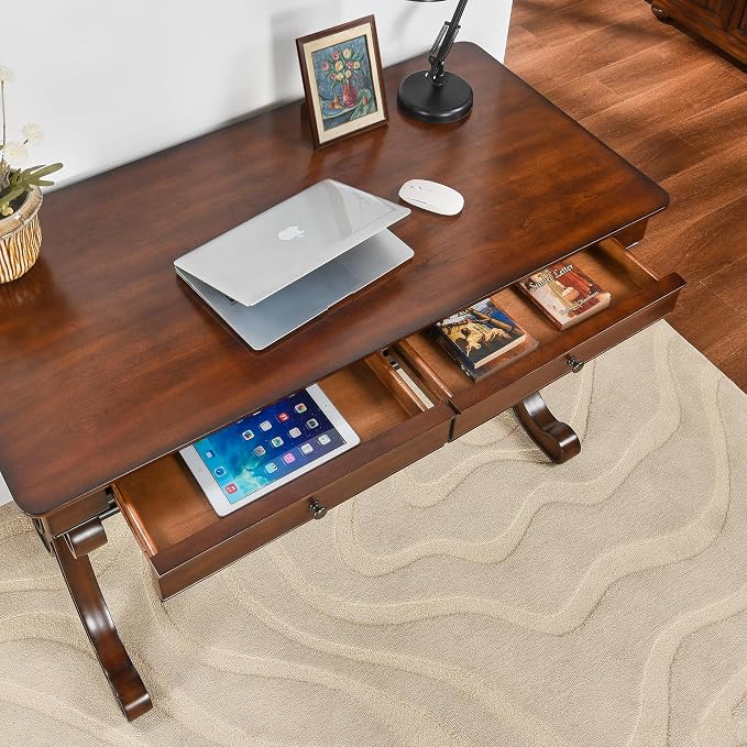 Biaco Set of 2 Mid-Century Home Office Computer Desk with 2 Storage Drawers,Large Computer Office Desk Workstation with X Carved Legs Executive Desk for Home Office Dark Cherry Red(Table ONLY!)