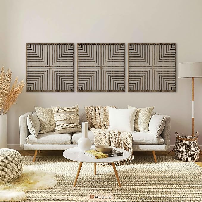 Geometric Art Deco Wood Wall Art Set of 3, Large Optical Line Square Panels, Mid Century Modern Wooden Decor, Aesthetic New House Gift for Living Room and Bedroom