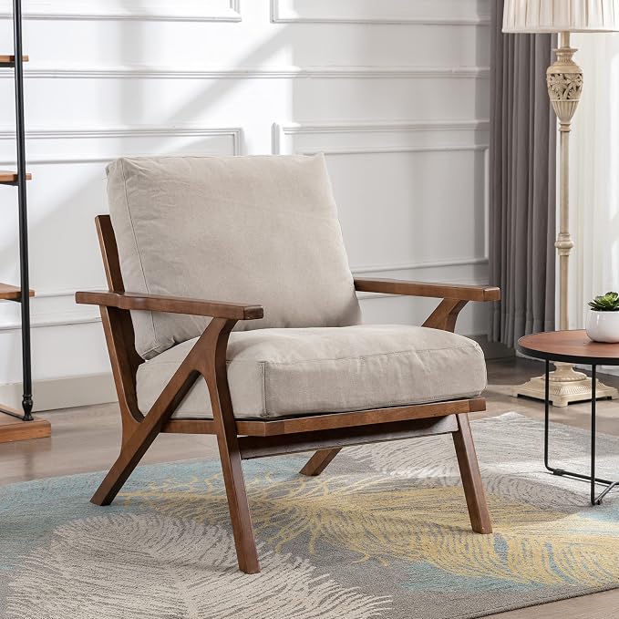 chairus Mid-Century Modern Accent Chair, Comfy Upholstered Lounge Armchair with Removable Cushions & Solid Wood Frame, Reading Chair for Living Room Bedroom Office, Beige Denim Fabric