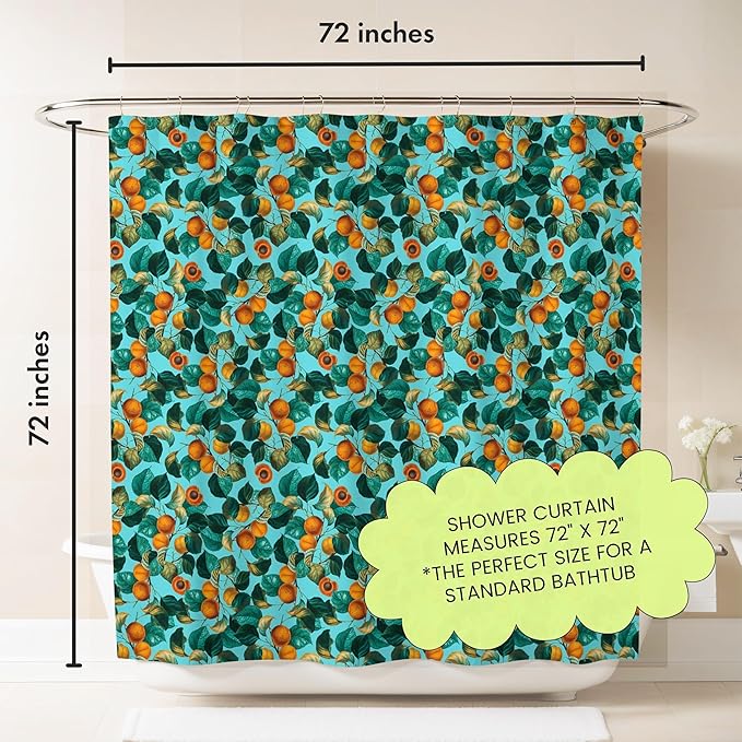 Teal Apricot Leaf Print Shower Curtain - Colorful Botanical Fruit Floral Pattern - Modern Home Decor - Bold Colorful Hotel Style Fabric Shower Curtain For Any Bathroom - 72x72 Inches (Apricot)