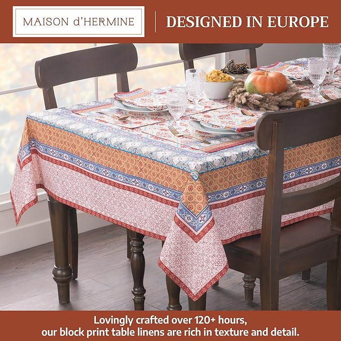 Maison d' Hermine Table Cloth Rectangle Table 100% Cotton 70 x 108 Inches Fall Tablecloth Reusable Everyday Use for Thanksgiving Christmas Decorations Dining Farmhouse Party (Romane)