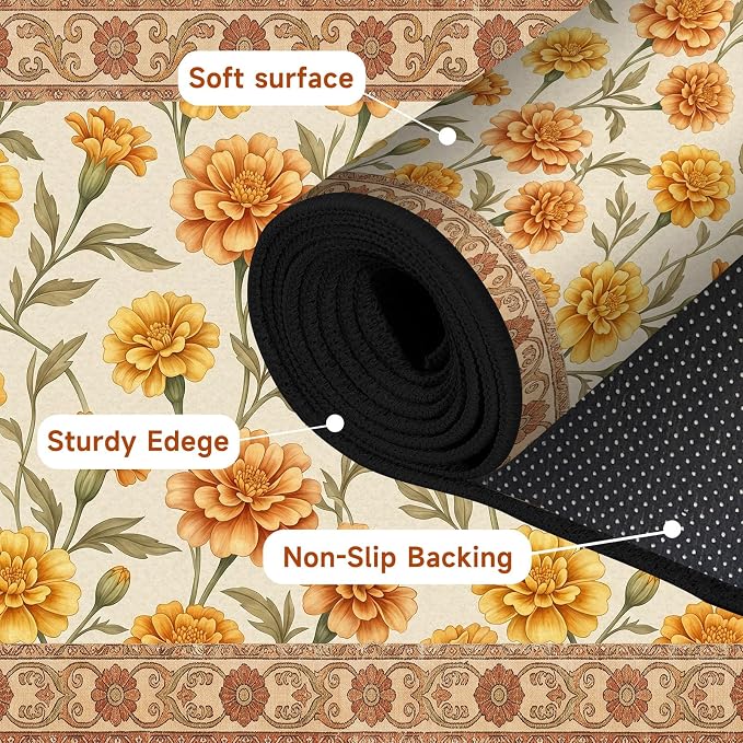 Marigold Floral Area Rug Vintage Boho Rug Bordered Non-Slip Washable Floor Mat for Bedroom Living Room Nursery Kitchen Playroom Home Decor,5'x7'