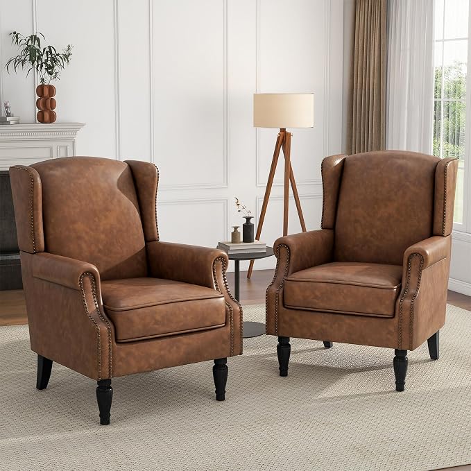 High Back Accent Chairs Set of 2, Faux Leather Upholstered Armchair Wingback Chair for Living Room, Comfy Single Sofa Solid Wood Legs Bedroom Reading Seat (Brown)
