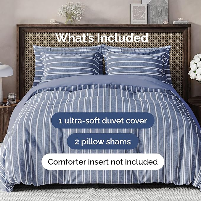 Duvet Cover Queen Size - Extra Soft Queen Size Duvet Cover - Lightweight, Breathable, Easy Care & Fade Free w/Zipper Closures & Ties - 90" x 90" Inches - (Blue Stripes 3) Comforter Not Included