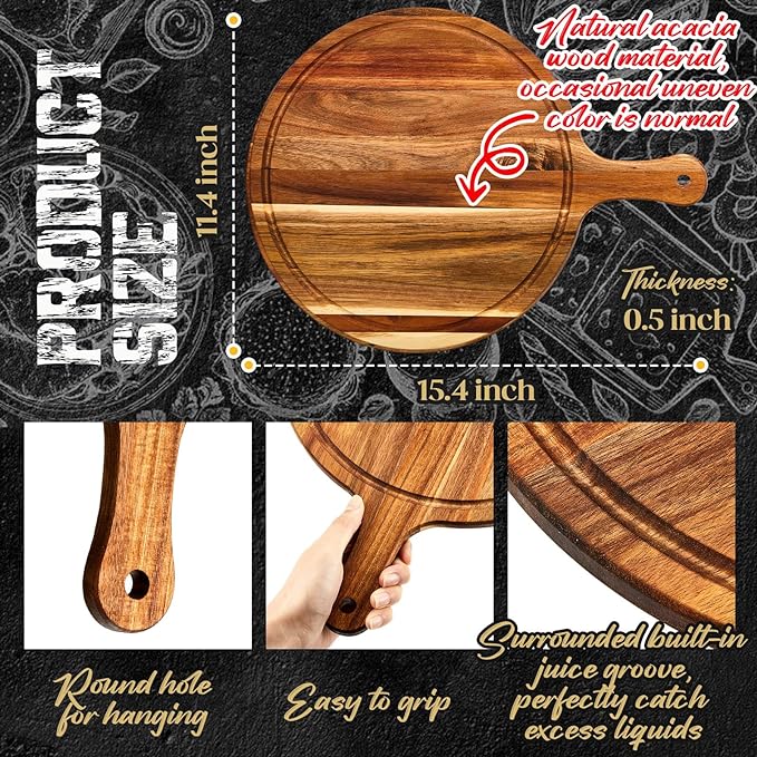 Nuenen 20 Pcs Round Wood Cutting Board with Handle Acacia Bamboo Wooden Serving Kitchen Chopping Boards for Pizza, Bread, Cheese, Charcuterie, Fruit, Vegetables(Acacia)