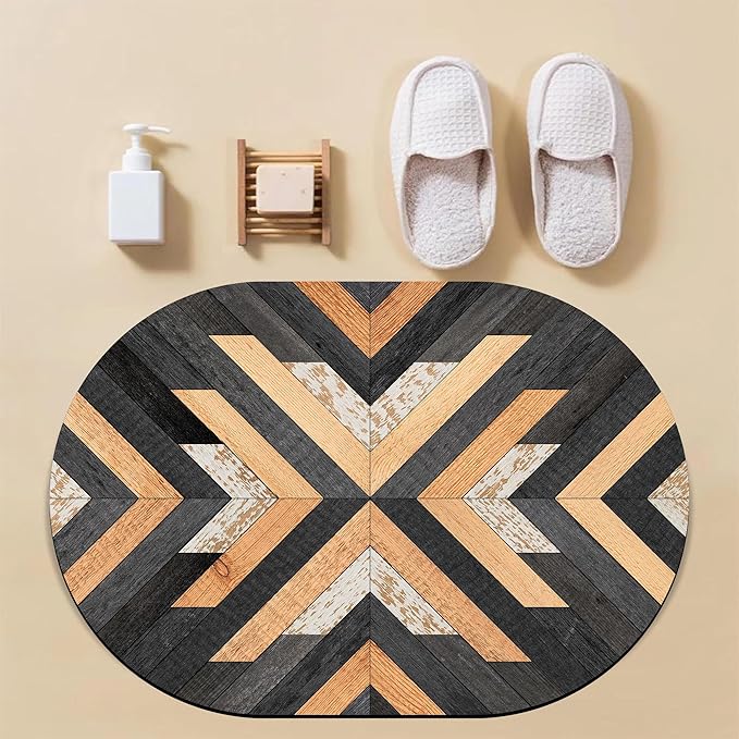 Bathroom Rug Mat Black and Yellow Old Wooden Planks Oval Bath Mat Doormat Absorbent Quick Dry Non Slip Diatom Mud Mat for Shower Tub Sink Laundry Kitchen Doorway 23.6x15.7 Inches