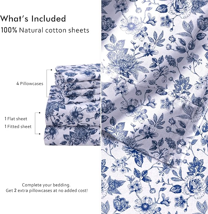 RUVANTI 6 Pcs Cotton Sheets - 100% Natural Cotton Soft, Lightweight & Breathable Crispy Percale Bed Sheets, King Size Sheets Set 16" Deep Pockets, Wild Flower