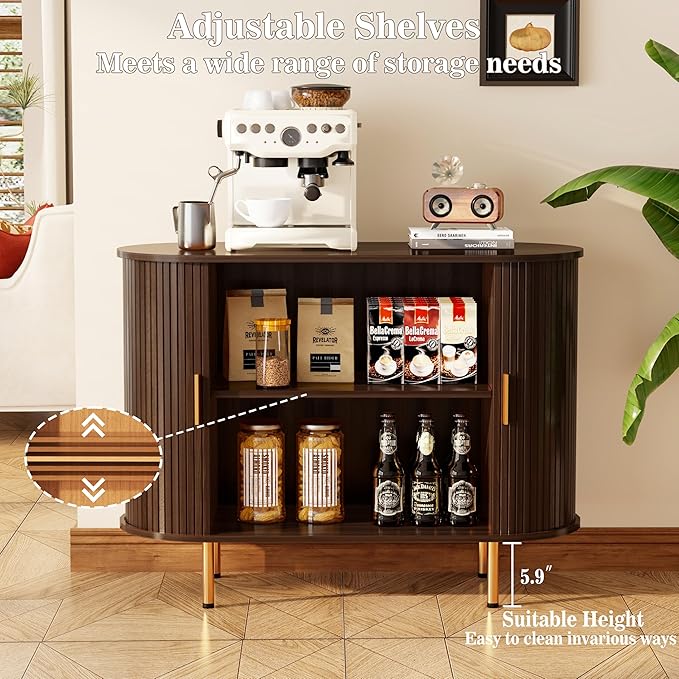 DHH Sideboard Buffet Cabinet with Storage,Mid Century Modern Fluted Accent Coffee Bar Console Table,Tambour Sliding Doors& Adjustable Shelf for Kitchen, Living Room, Entryway(Dark Walnut, 40 Inch)