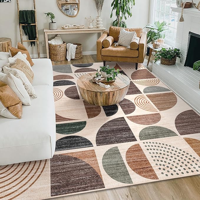 MUJOO Washable Rug 8x10,Large Area Rugs for Living Room Bedroom Dining Room,Boho Throw Floor Carpet Non Slip Soft Modern Abstract Brown