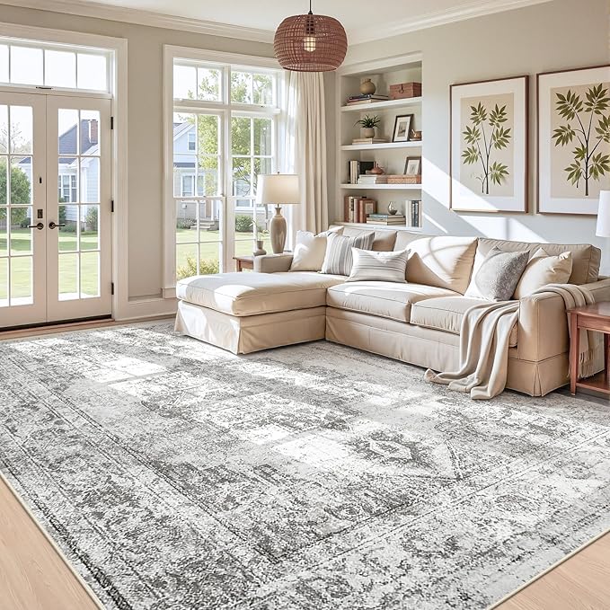 Area Rug 9x12 Vintage Rugs: Large Washable Indoor Medallion Rug Low Pile Distressed Floor Carpet Retro Accent Rugs for Living Room Bedroom Kitchen Dining Table Home Office(Grey, 9'x12')
