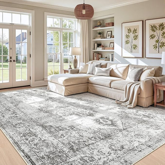 Area Rug 9x12 Vintage Rugs: Large Washable Indoor Medallion Rug Low Pile Distressed Floor Carpet Retro Accent Rugs for Living Room Bedroom Kitchen Dining Table Home Office(Grey, 9'x12')