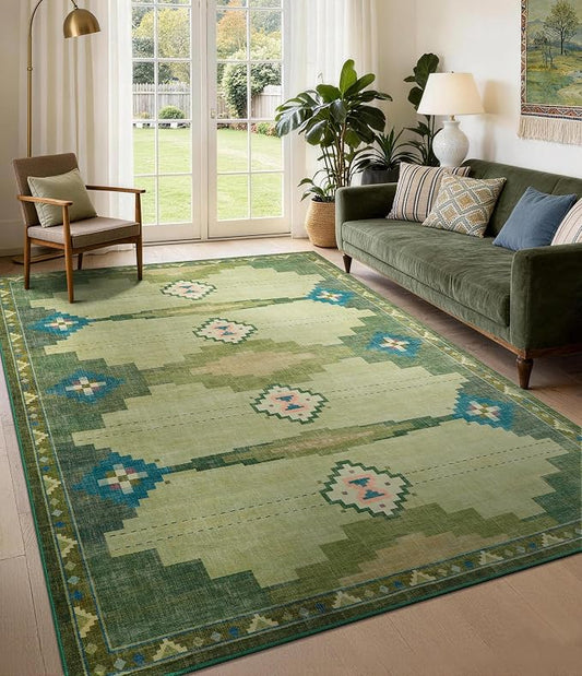 YIHOUSE Mid Century Modern Rugs for Living Room, 6x9 Green Rug No-Slip Southwestern Large Area Rug Washable Rugs for Bedroom, Dining Room