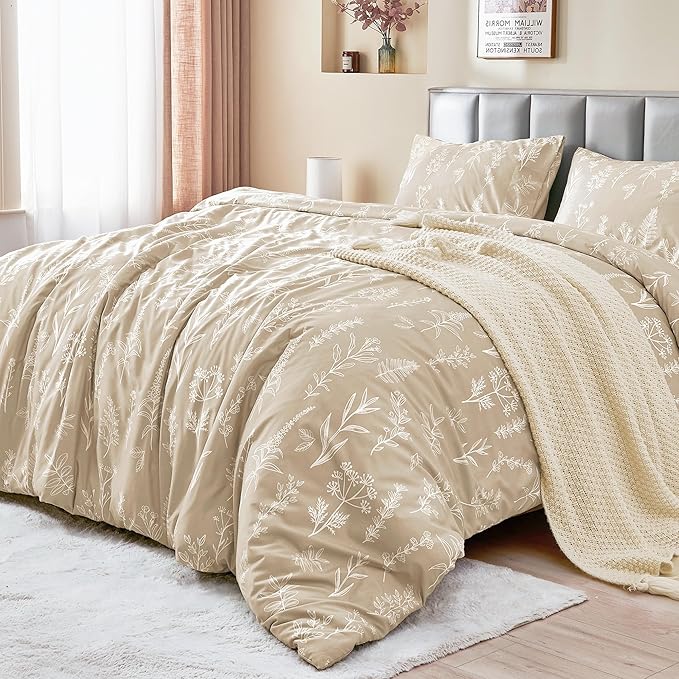 MUXHOMO Duvet Cover Queen Size, Reversible Floral Beige Duvet Cover Set with Zipper Closure, 3 Pieces Botanical Patterns Soft Microfiber Bedding Set with 4 Ties (90"x90", 2 Pillow Cases)