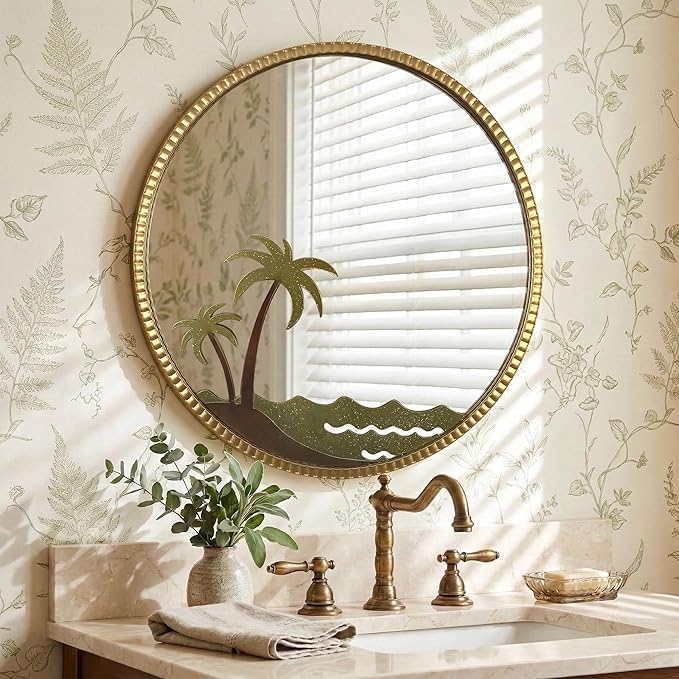 Round Gold Mirror - Modern Wall Mounted Mirror with Coconut Tree Design: 32"x32" Large Matt Gold Antique Wall Decor - Vintage Ornate for Entryway/Fireplace/Bathroom/Hallway