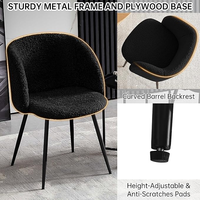 Black Dining Table Set for 4, 5-Piece Mordern Kitchen Dining Room Table Set, 47-Inch Round Breakfast Nook Dinner Table Fluted and Upholstered Sherpa Fabric Dining Armchairs Set