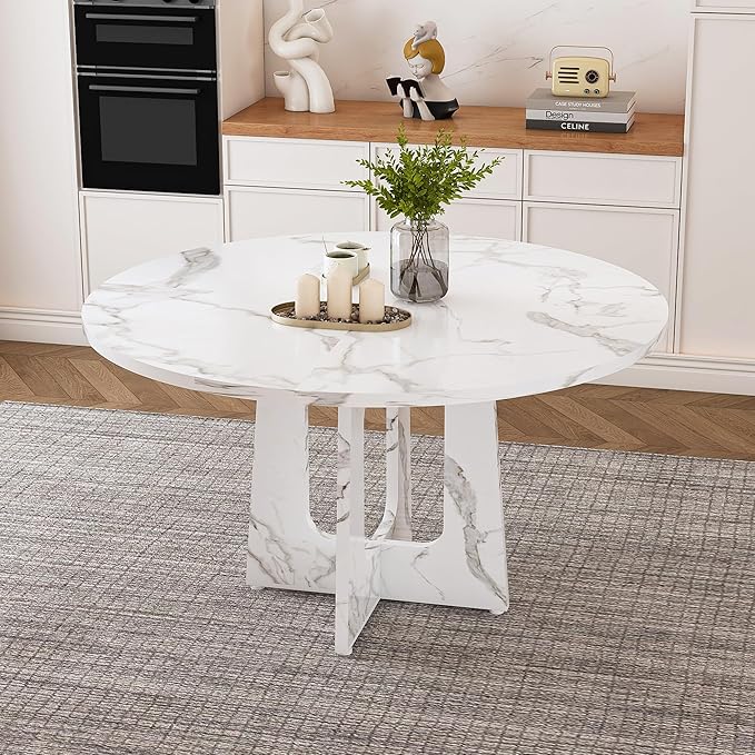 47" Round Dining Table for 4-6,White Faux Marble Dining Room Table,Modern Kitchen Table with Cross Legs for Dining Room Kitchen