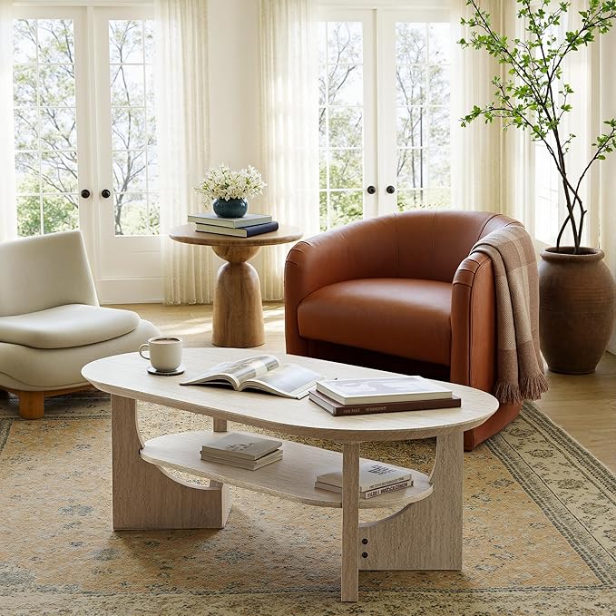 Modern Oval Coffee Table, 2 Tier Faux Stone Coffee Table with Storage Shelf & Sturdy Base, 47 Inch Minimalist Wood Center Tea Tables for Living Room, Apartment, Office, Stone Color