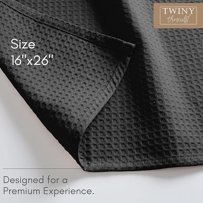 TWINY threads Kitchen Towel Waffle Weave, 12 Pack, 16x26 Inch, Premium Cotton Dish Rags, Absorbent Quick Drying Linen Set for Home, Restaurant Kitchens, Reusable Wash Cloths for Drying Dishes, Black
