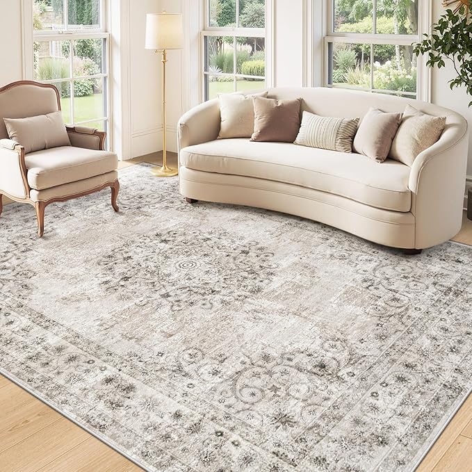Area Rug 5x7 Vintage Rug: Washable Indoor Medallion Rugs Low Pile Distressed Floor Carpet Retro Accent Rug for Living Room Bedroom Kitchen Dining Table Home Office(Distressed Taupe, 5'x7')