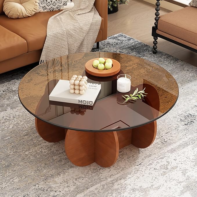 31.5'' Round Glass Coffee Table, Mid Century Modern Cocktail Table with Tempered Glass Top, Sturdy Wood-Inspired Base for Living Room, Small Spaces, Home Office – Easy Assembly (Brown + Brown)
