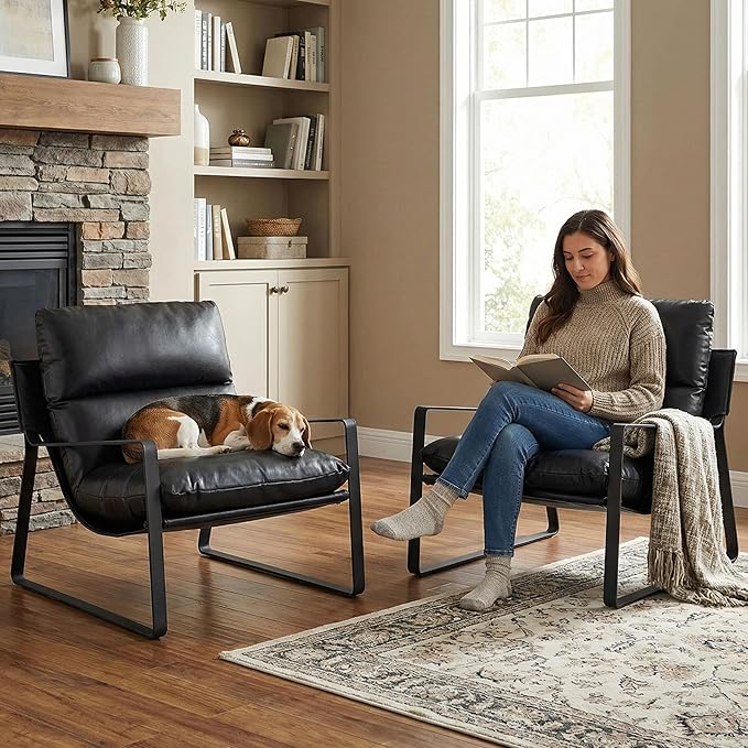 LukeAlon Modern PU Leather Accent Armchair, Upholstered Living Room Chair with Metal Base Removable Thickened Cushion Single Sofa Chair Comfy Lounge Chair for Bedroom Living Room Office, Black