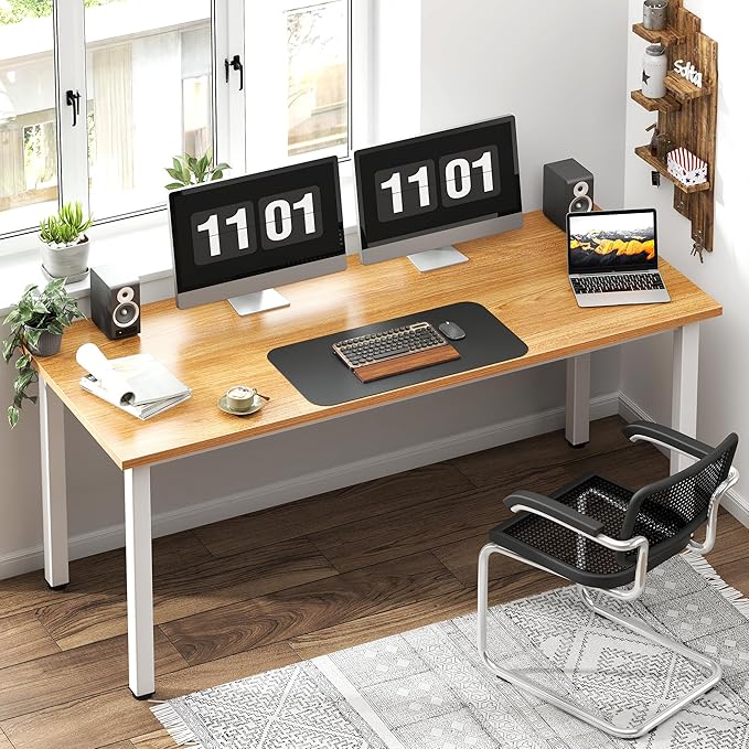 Need 63 Inch Large Computer Desk - Modern Simple Style Home Office Gaming Desk, Basic Writing Table for Study Student, Work from Home Table, Large Legroom, White Metal Frame, Teak