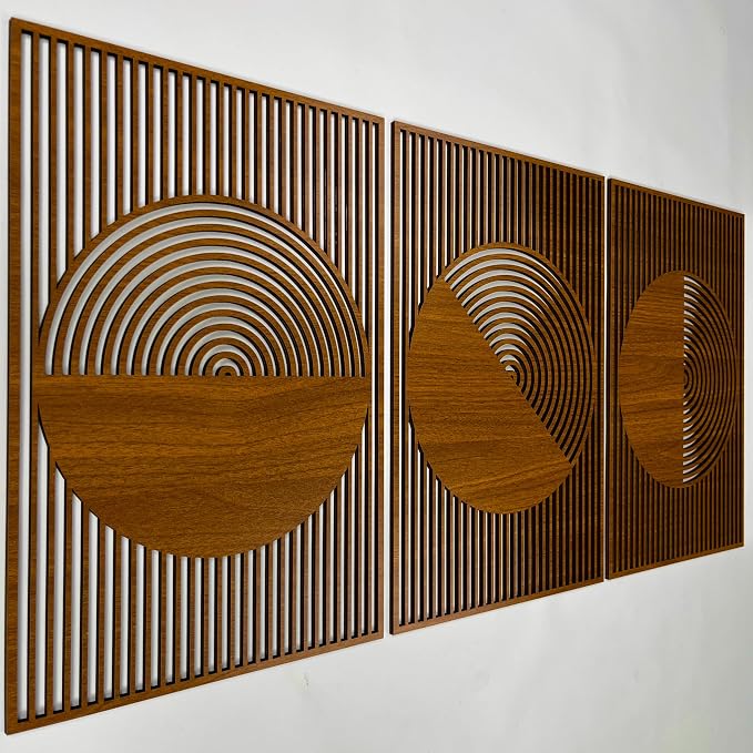 Living Room Wall Art featuring Boho Wood Wall Decor, Mid Century Modern Geometric Circle Wooden Wall Art, Set of 3 Decorative Wall Panels Gift for Bedroom