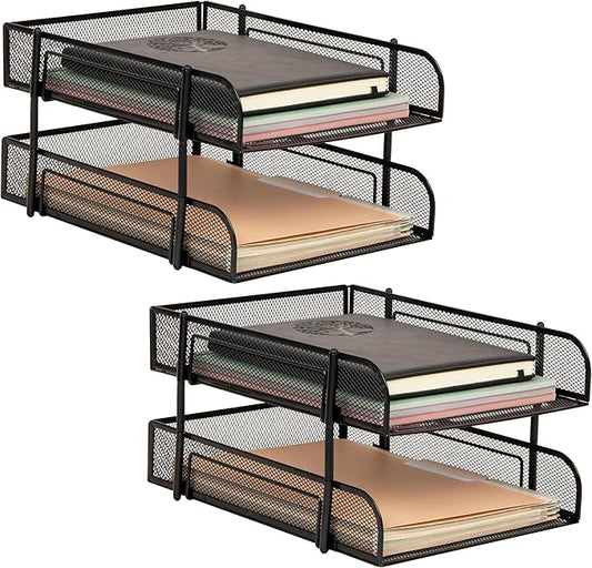Mind Reader 2-Tier Stackable Paper Tray, Metal Mesh Desk Organizer for Files, Documents, and Mail, Office Desktop Storage, Set of 2, Black