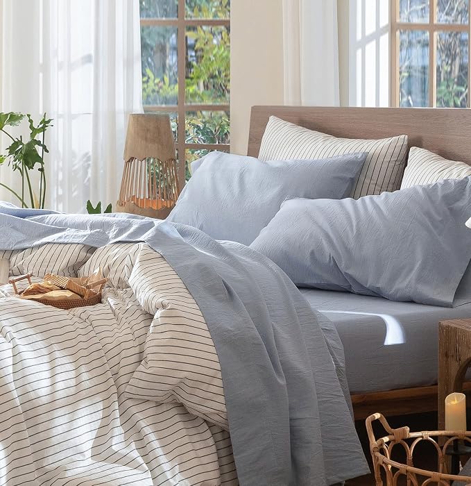 MooMee Bedding Sheet Set 100% Washed Cotton Linen Like Textured Breathable Durable Soft Comfy (Heathered Cornflower Blue, Full)
