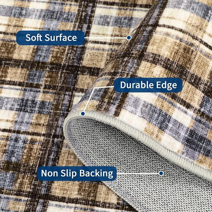 Washable Rugs 2x10 Runner Rug Modern Bordered Bathroom Rugs Non Slip Kitchen Runner Low Pile Entryway Rug Soft Runners Stain Resistant Carpet for Laundry Hallway Bedside 2'x10' Blue&Camel