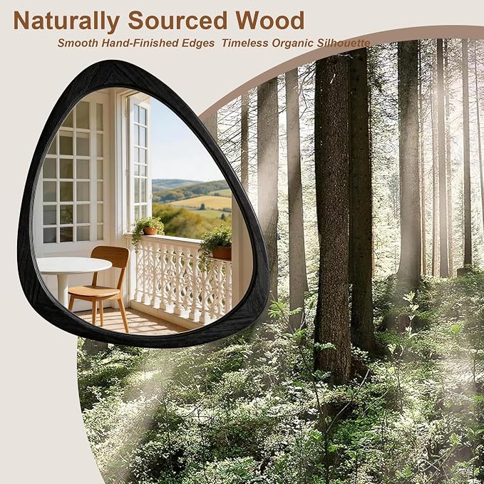 24" x 19" Asymmetrical Wall Mirror with Black Wood Frame, Irregular Wall Mirror for Bedroom Entryway Living Room, HD Tempered Glass, Horizontal or Vertical Hanging