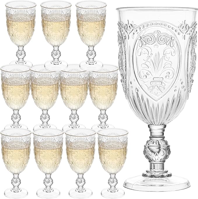 Plastic Wine Glasses 12Pcs Plastic Goblets 7.5oz Colored Retro Embossed Glassware Vintage Stemmed Drinking Cup Reusable Water Goblets for Wedding Reception Grand Event Party Bar,Whiskey (Clear)