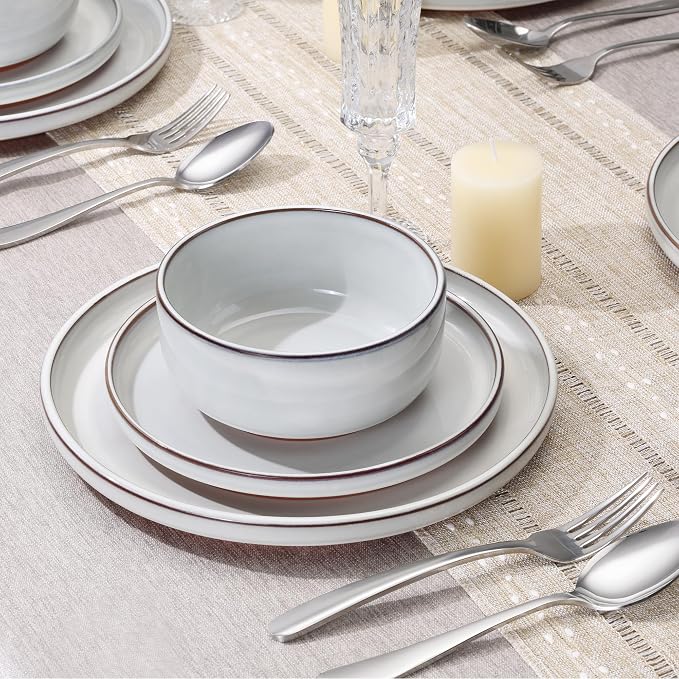 E-far Stoneware Dinnerware Sets for 6, 18 Pieces Reactive Glaze Plates and Bowls Sets, Elegant Dishes with Rustic Terracotta Clay Base, Dishwasher & Microwave Safe, Scratch Resistant, Glacier White