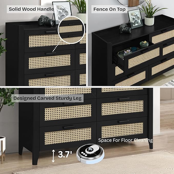 ELISA HOME Rattan-Inspired 6 Drawer Dresser for Bedroom, 47.2″ W Modern Wide Chest of Drawers, Wood Storage Organizer for Clothes, Entryway, Hallway, Nursery or Living Room, Black
