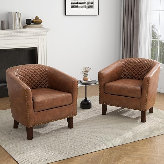 UIXE Faux Leather Accent Chair, Barrel Club Chair Modern Upholstered Armchair for Living Room, Comfy Round Arm Chair Single Sofa Bedroom Reading Seat - Brown