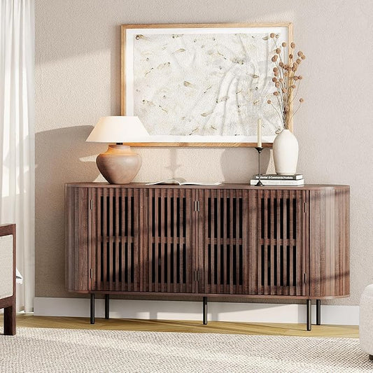WAMPAT Sideboard Buffet Cabinet with 4 Fluted Doors,64" Wood Accent Storage Cabinet with Curved Design,Credenza for Dining Room,Hallway,Walnut