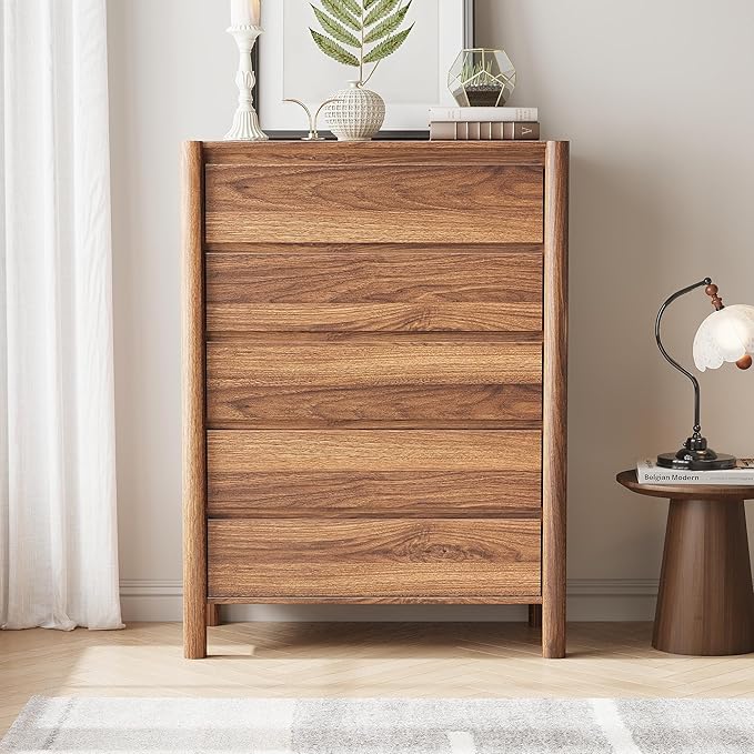CHUWELL 5 Drawer Dresser for Bedroom，45" Tall Mid Century Chest of Drawers with 5 Large Storage Space and 4 Solid Wood Cylindrical Legs, Large Dresser for Bedroom(Walnut)