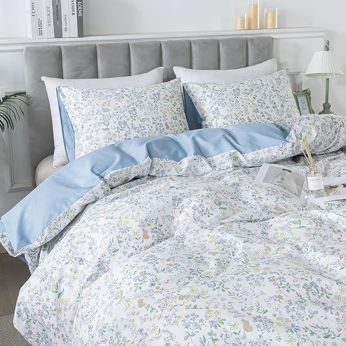 HoneiLife Cotton Duvet Cover King - Floral Comforter Cover 3-PC, Flower Bedlinen Set with Zipper Closure & Corner Ties, Wildflower Comforter Cover Sets All Season Use