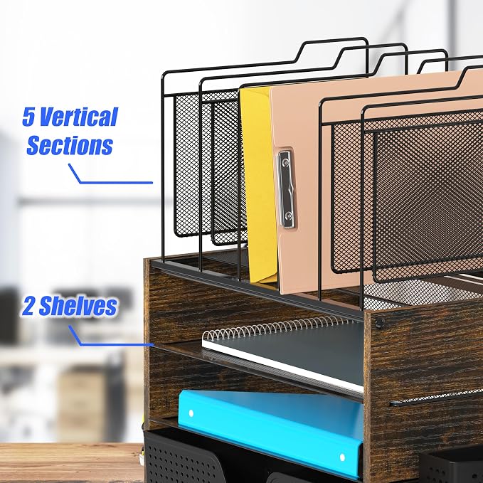 Simple Houseware Mesh Desk Organizer with Wooden Side Board and Metal Bars, 3 Shelves and 5 Upright Sections, Rustic Brown