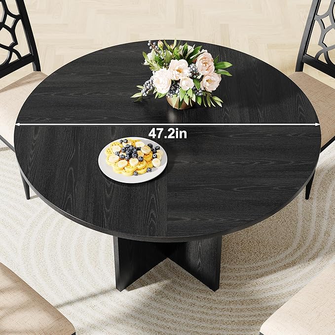47 Inch Round Dining Table for 4-6 People, Rustic Circle Kitchen Table with X-Shaped Stable Pedestal, Dinner Table for Dining Room Kitchen Living Room, Black