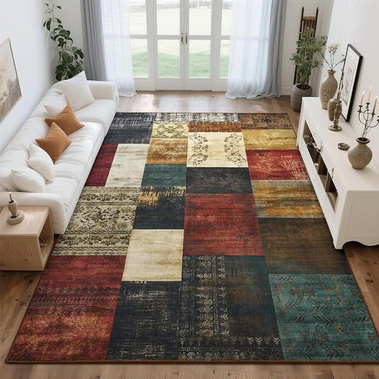Tepook Modern Area Rugs for Living Room, 9x12 Washable Large Rug for Bedroom, Geometric Patchwork Rugs Indoor Non-Slip Throw Carpets for Dining Room Office Farmhouse Home Decor, Multi