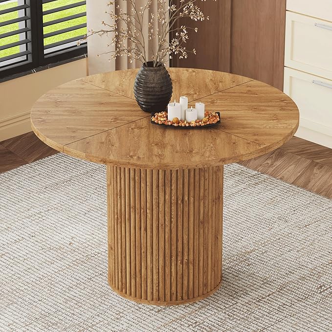 42" Round Dining Table for 4-6,Mid Century Modern Dining Room Table with Wood Grain,Rustic Kitchen Table with Round Pedestal for Dining Room Kitchen